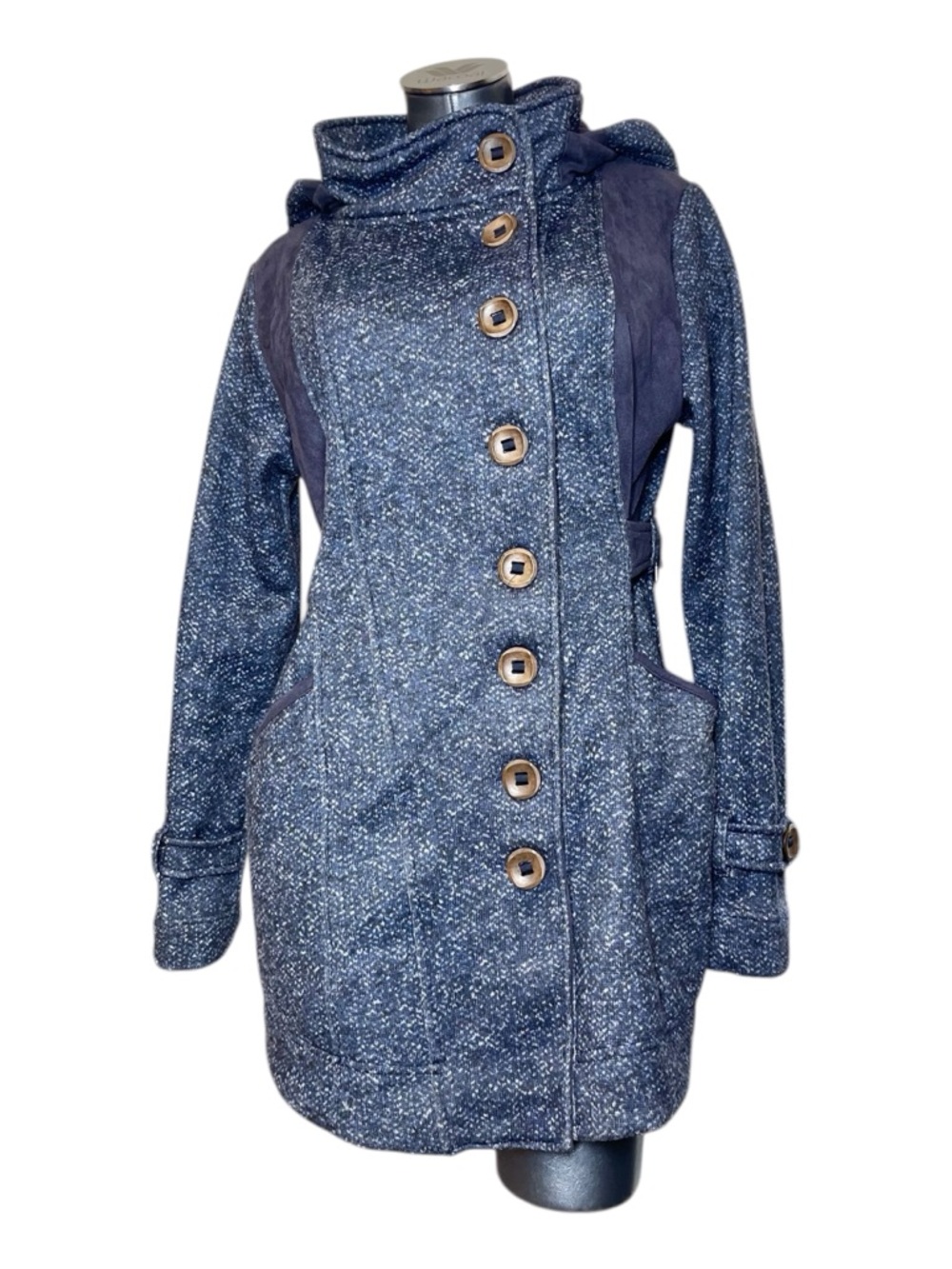 Women's Navy Textured Button-Front Trench Coat Hooded Womens Size Large